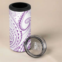 Polynesia Plumeria Lei 4 in 1 Can Cooler Tumbler White Violet Curves Motif