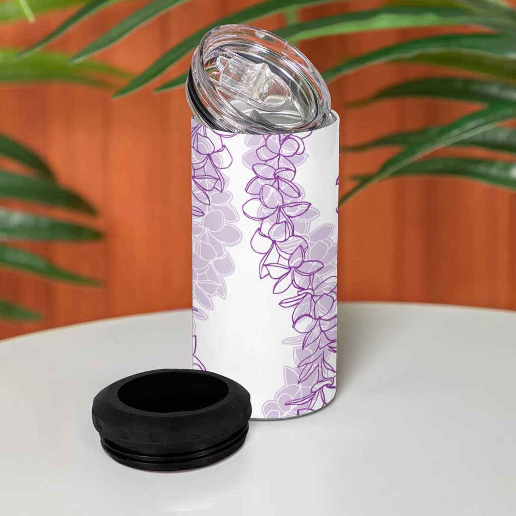 Polynesia Plumeria Lei 4 in 1 Can Cooler Tumbler White Violet Curves Motif