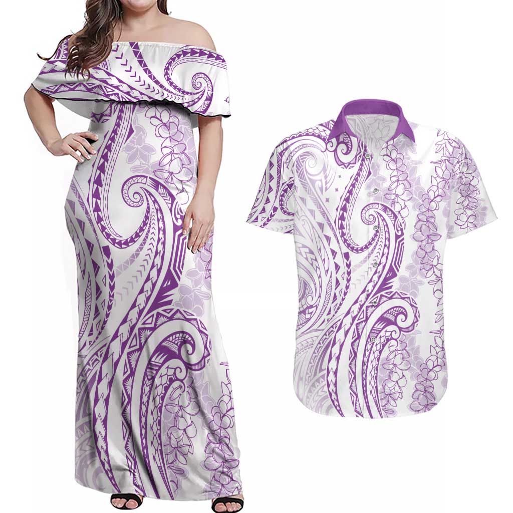 Polynesia Plumeria Lei Couples Matching Off Shoulder Maxi Dress and Hawaiian Shirt White Violet Curves Motif