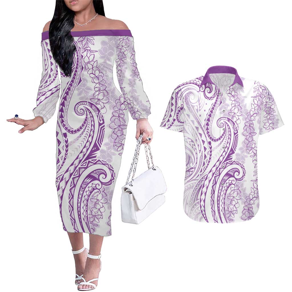 Polynesia Plumeria Lei Couples Matching Off The Shoulder Long Sleeve Dress and Hawaiian Shirt White Violet Curves Motif