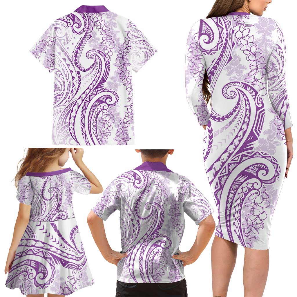 Polynesia Plumeria Lei Family Matching Long Sleeve Bodycon Dress and Hawaiian Shirt White Violet Curves Motif