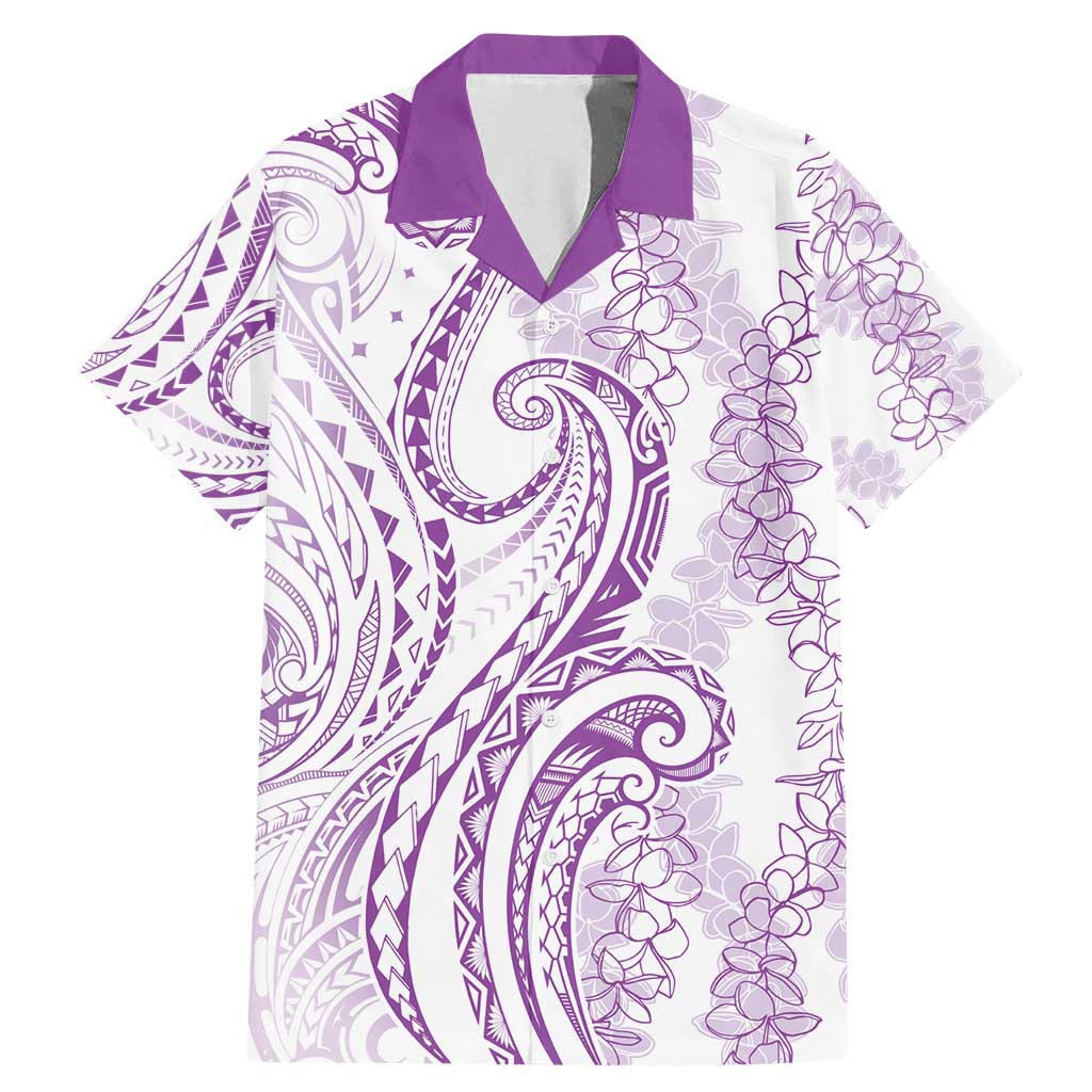 Polynesia Plumeria Lei Family Matching Mermaid Dress and Hawaiian Shirt White Violet Curves Motif