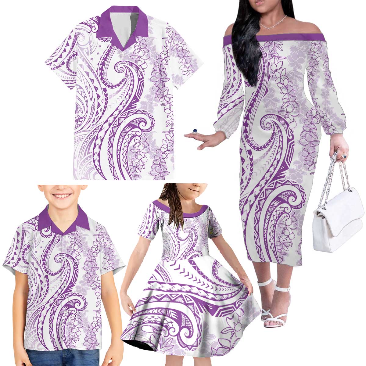 Polynesia Plumeria Lei Family Matching Off The Shoulder Long Sleeve Dress and Hawaiian Shirt White Violet Curves Motif