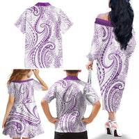 Polynesia Plumeria Lei Family Matching Off The Shoulder Long Sleeve Dress and Hawaiian Shirt White Violet Curves Motif