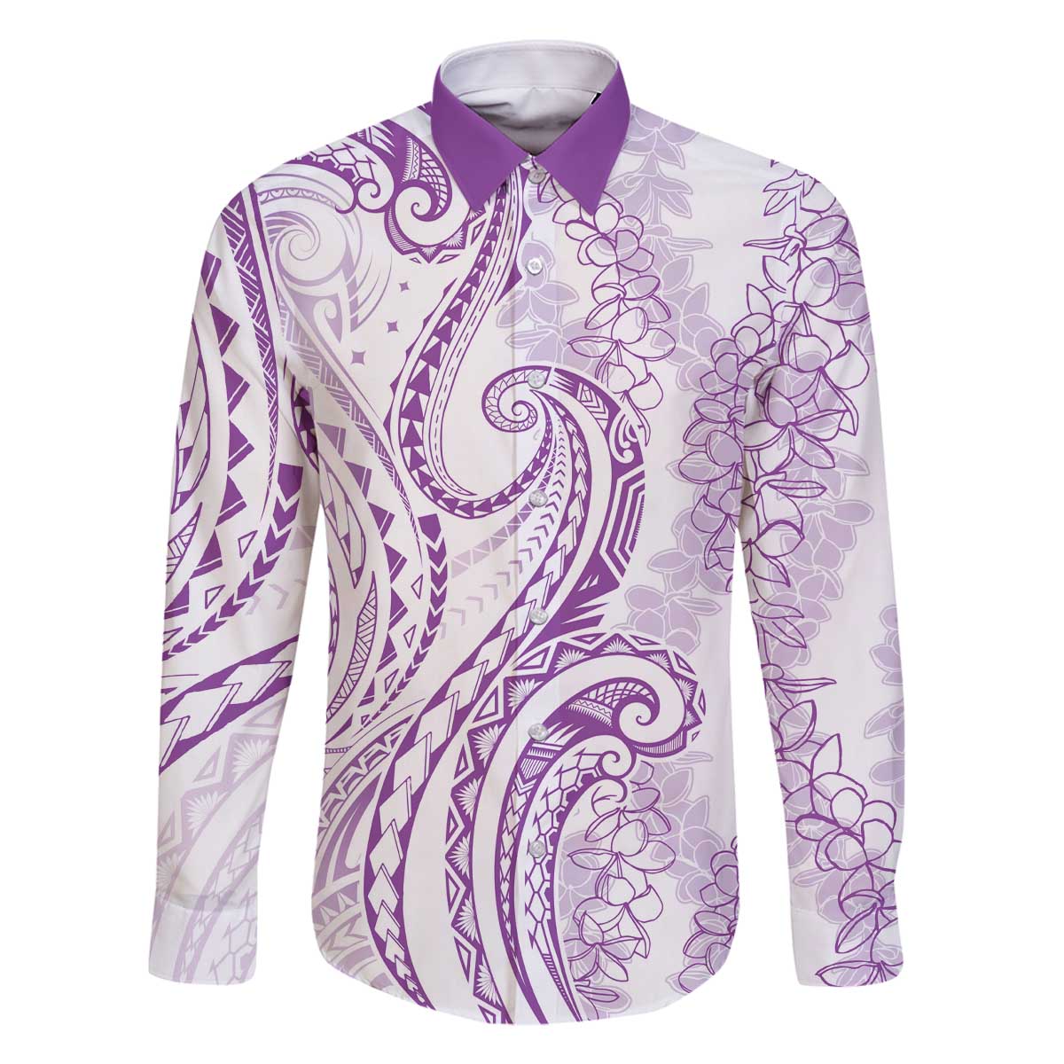 Polynesia Plumeria Lei Family Matching Off The Shoulder Long Sleeve Dress and Hawaiian Shirt White Violet Curves Motif