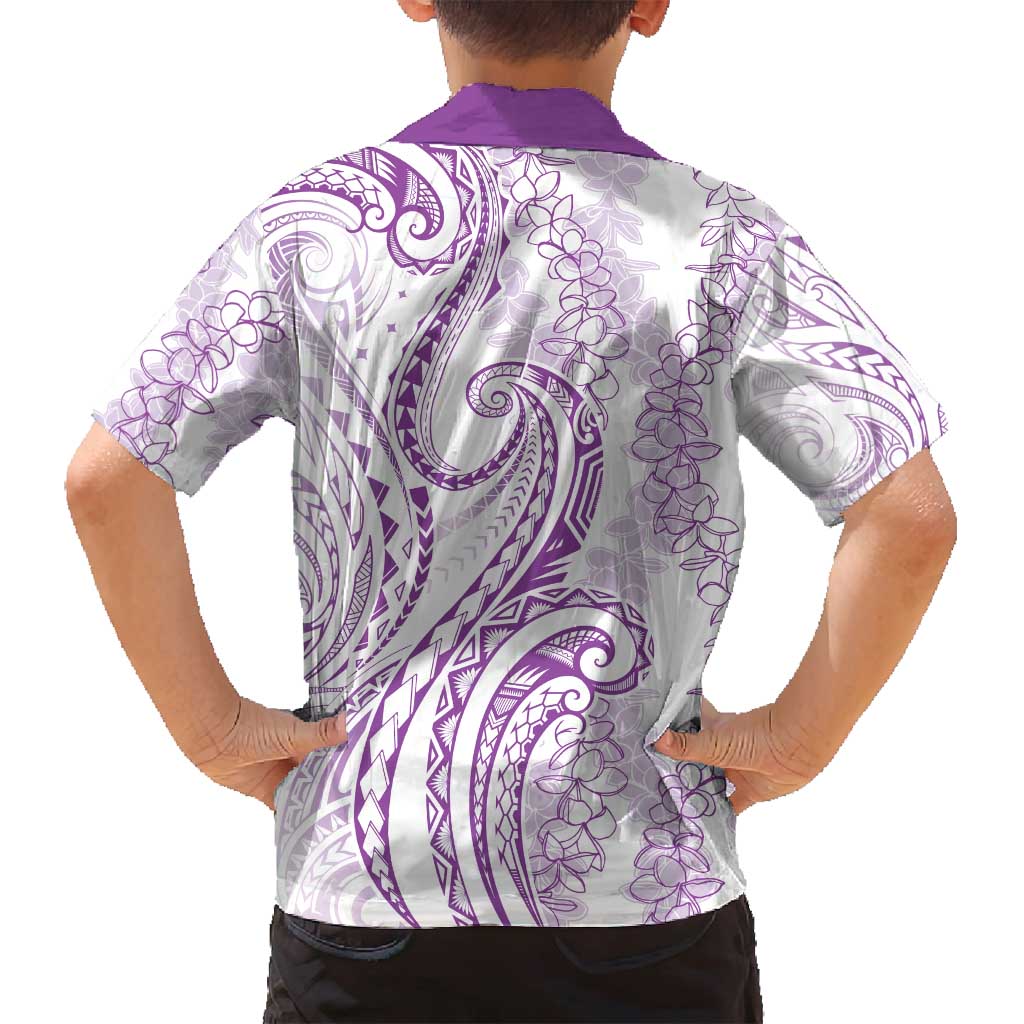 Polynesia Plumeria Lei Family Matching Off Shoulder Short Dress and Hawaiian Shirt White Violet Curves Motif LT7 - Polynesian Pride