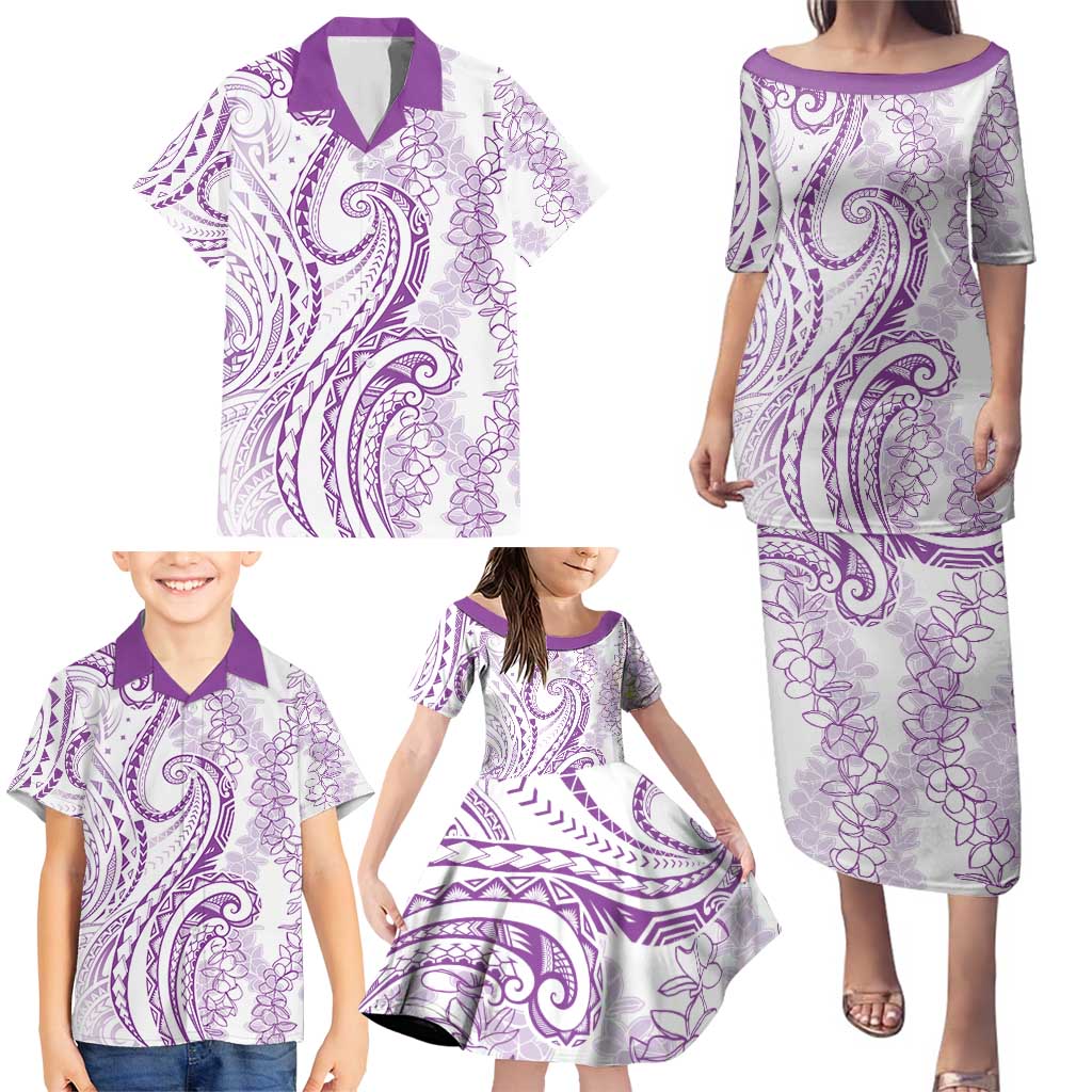 Polynesia Plumeria Lei Family Matching Puletasi and Hawaiian Shirt White Violet Curves Motif