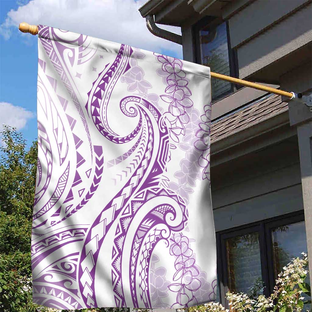 Polynesia Plumeria Lei Garden Flag White Violet Curves Motif