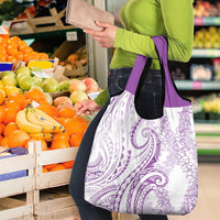 Polynesia Plumeria Lei Grocery Bag White Violet Curves Motif