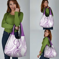 Polynesia Plumeria Lei Grocery Bag White Violet Curves Motif