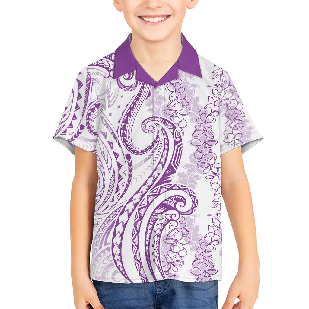 Polynesia Plumeria Lei Kid Hawaiian Shirt White Violet Curves Motif