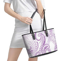 Polynesia Plumeria Lei Leather Tote Bag White Violet Curves Motif