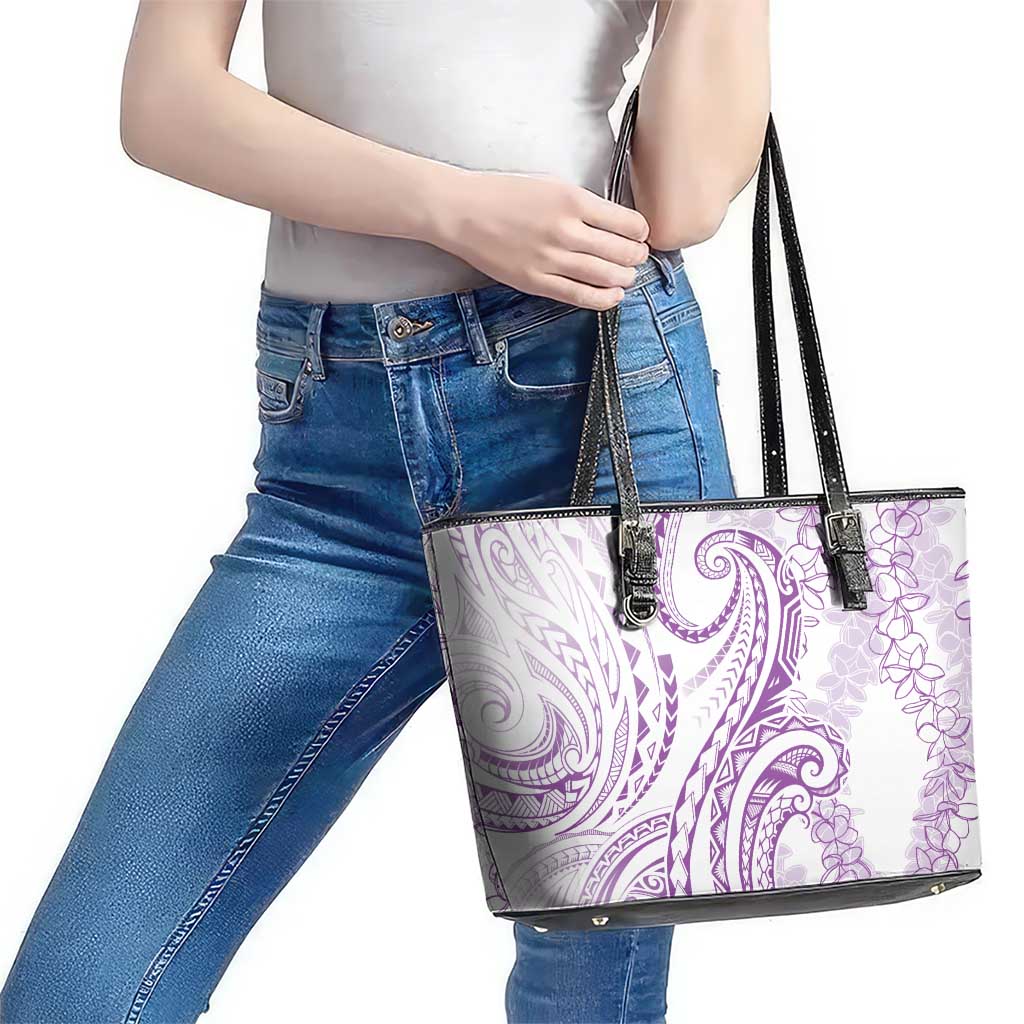 Polynesia Plumeria Lei Leather Tote Bag White Violet Curves Motif