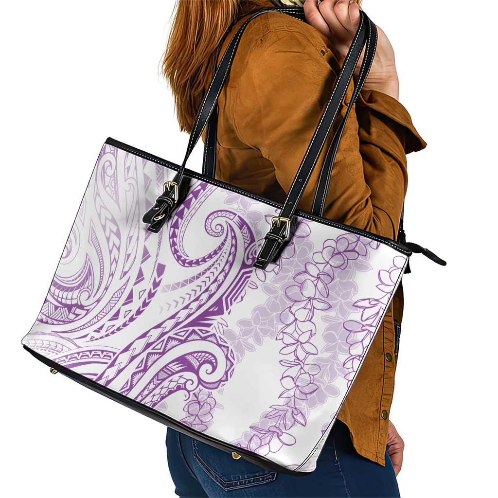 Polynesia Plumeria Lei Leather Tote Bag White Violet Curves Motif