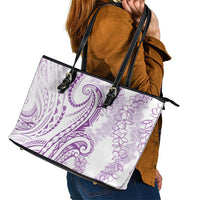 Polynesia Plumeria Lei Leather Tote Bag White Violet Curves Motif