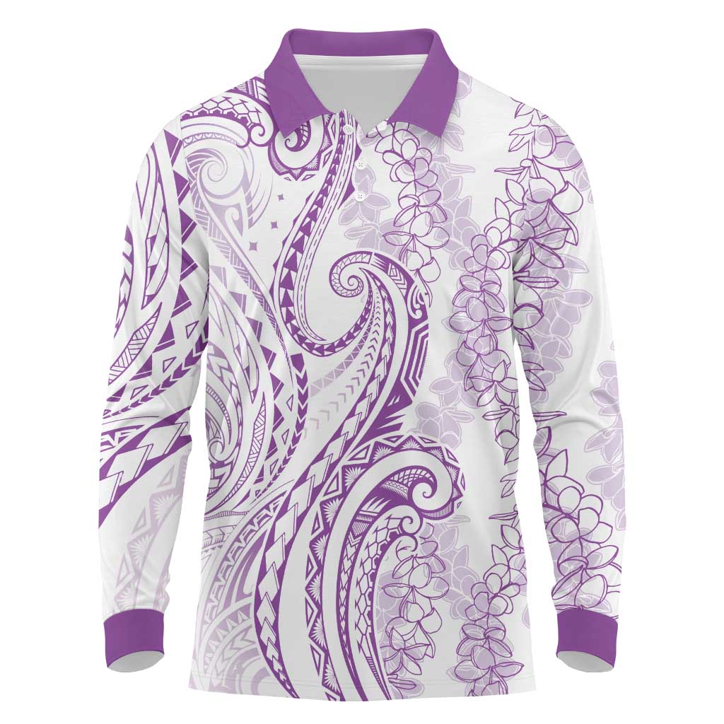 Polynesia Plumeria Lei Long Sleeve Polo Shirt White Violet Curves Motif LT7 Violet - Polynesian Pride