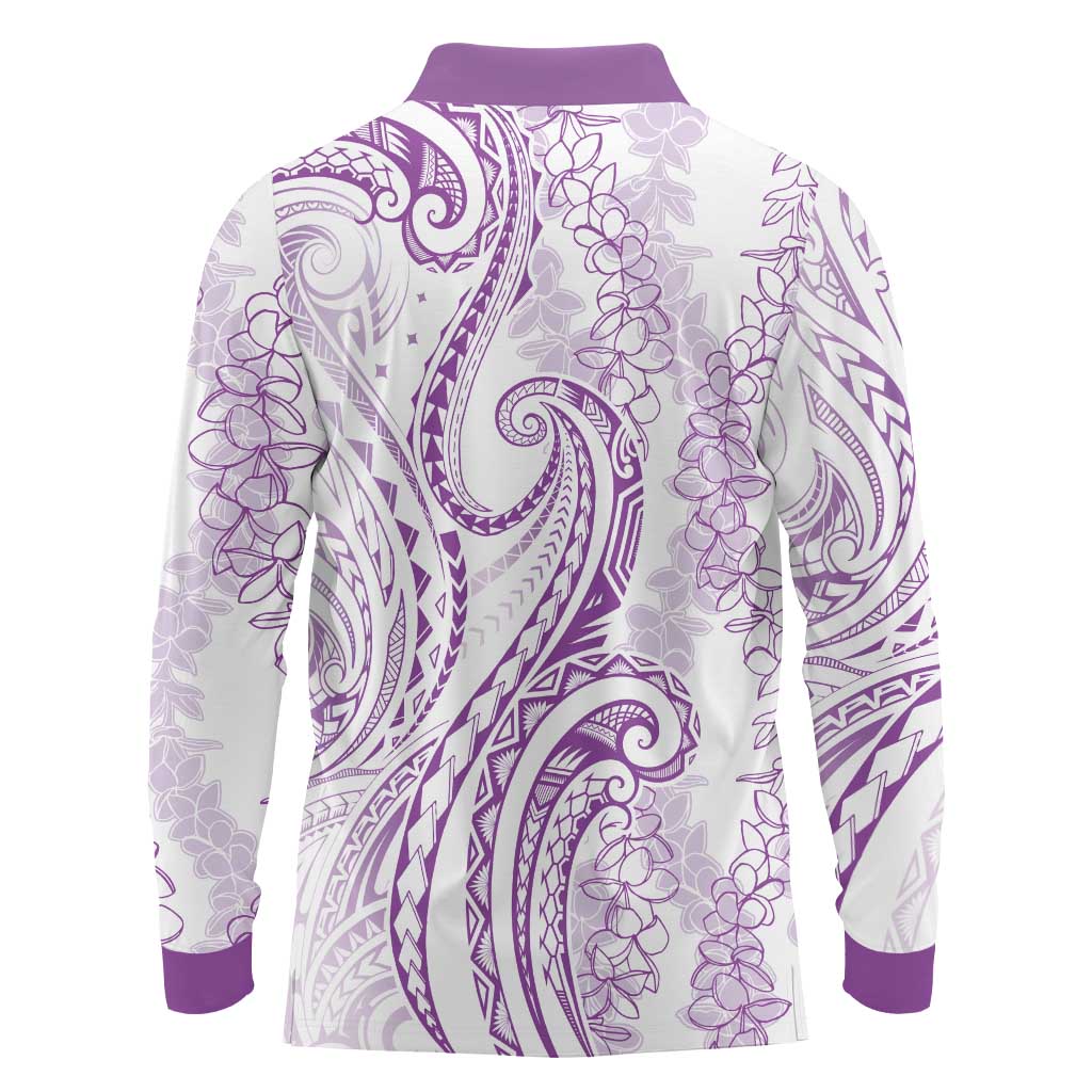 Polynesia Plumeria Lei Long Sleeve Polo Shirt White Violet Curves Motif