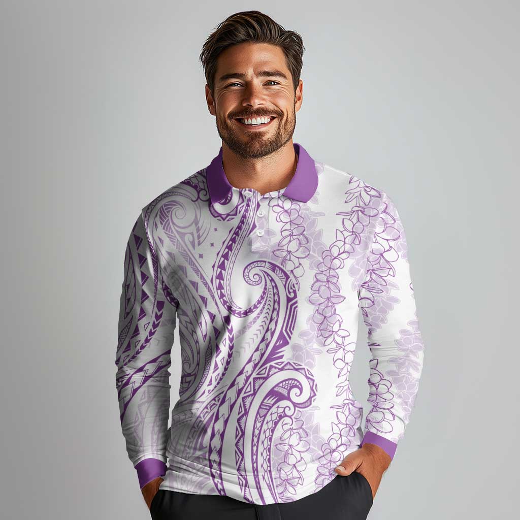 Polynesia Plumeria Lei Long Sleeve Polo Shirt White Violet Curves Motif