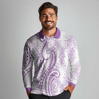 Polynesia Plumeria Lei Long Sleeve Polo Shirt White Violet Curves Motif