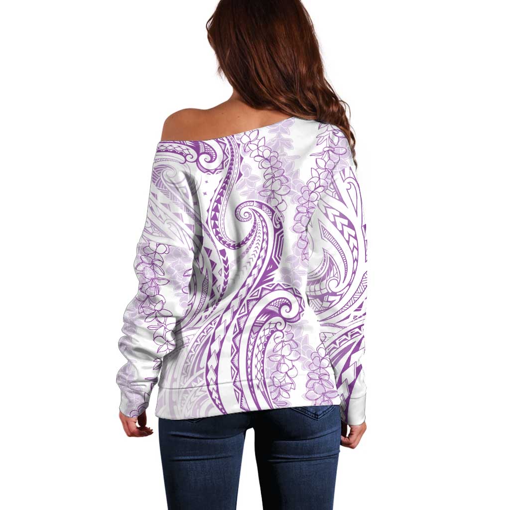 Polynesia Plumeria Lei Off Shoulder Sweater White Violet Curves Motif