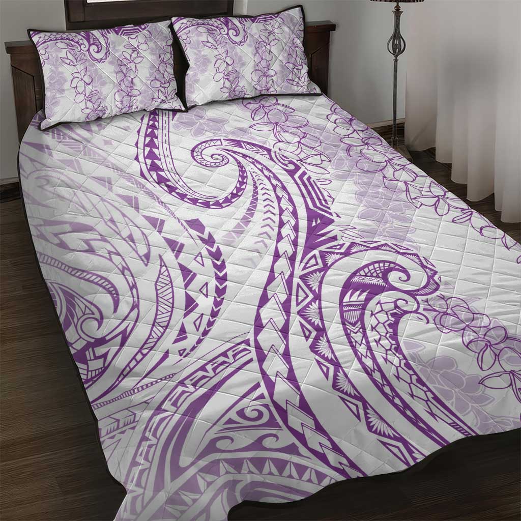 Polynesia Plumeria Lei Quilt Bed Set White Violet Curves Motif