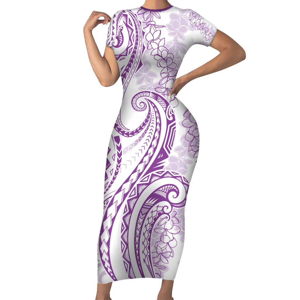 Polynesia Plumeria Lei Short Sleeve Bodycon Dress White Violet Curves Motif
