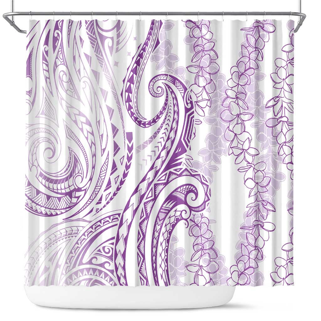 Polynesia Plumeria Lei Shower Curtain White Violet Curves Motif