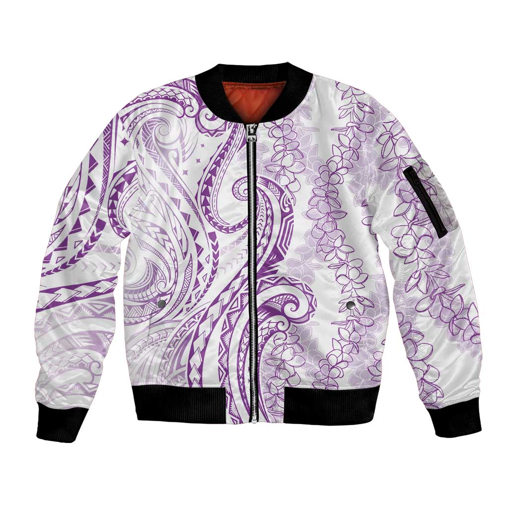 Polynesia Plumeria Lei Sleeve Zip Bomber Jacket White Violet Curves Motif LT7 Unisex Violet - Polynesian Pride