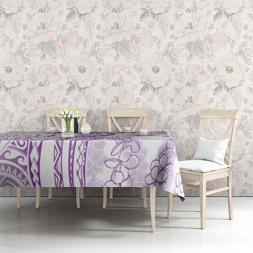 Polynesia Plumeria Lei Tablecloth White Violet Curves Motif