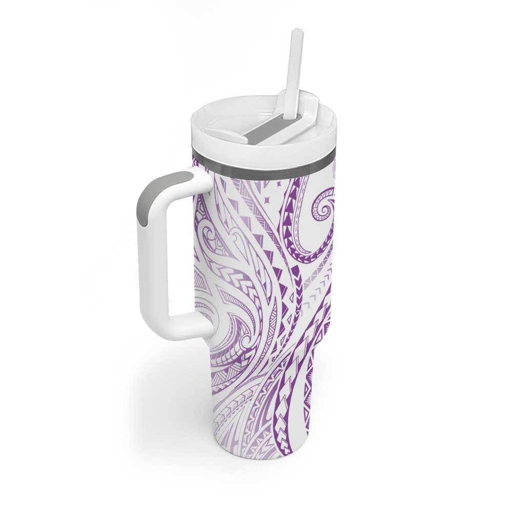 Polynesia Plumeria Lei Tumbler With Handle White Violet Curves Motif