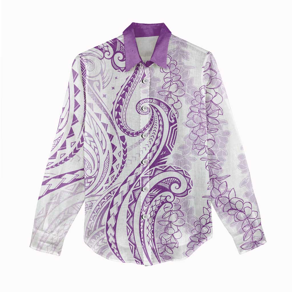 Polynesia Plumeria Lei Women Casual Shirt White Violet Curves Motif