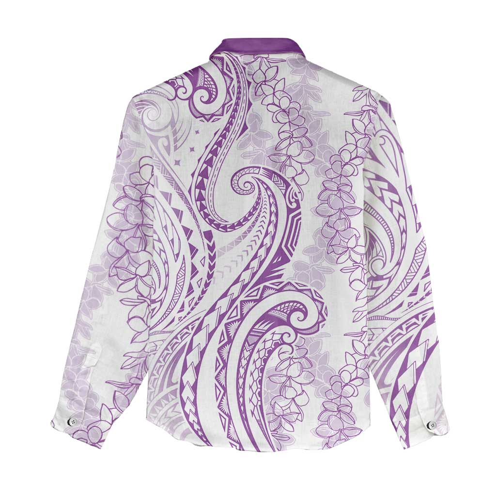 Polynesia Plumeria Lei Women Casual Shirt White Violet Curves Motif