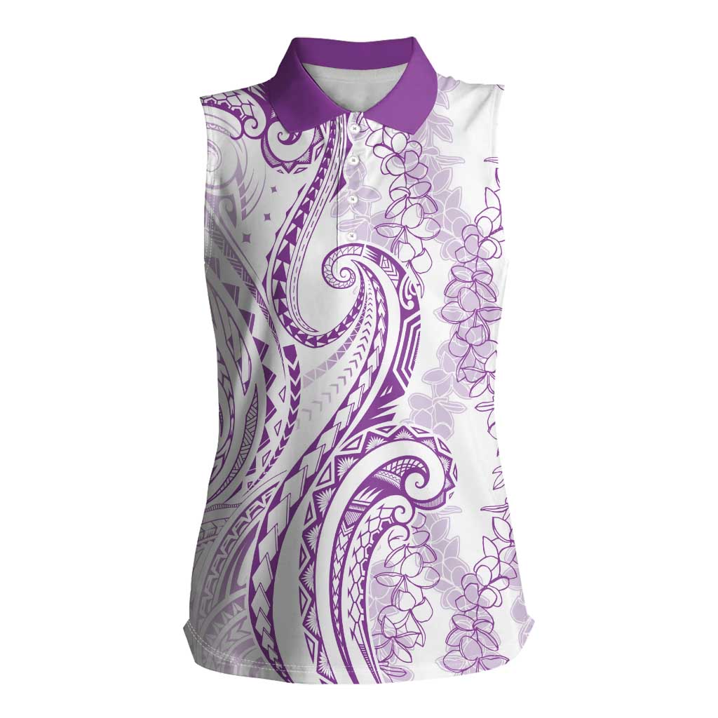 Polynesia Plumeria Lei Women Sleeveless Polo Shirt White Violet Curves Motif LT7 Female Violet - Polynesian Pride