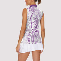 Polynesia Plumeria Lei Women Sleeveless Polo Shirt White Violet Curves Motif