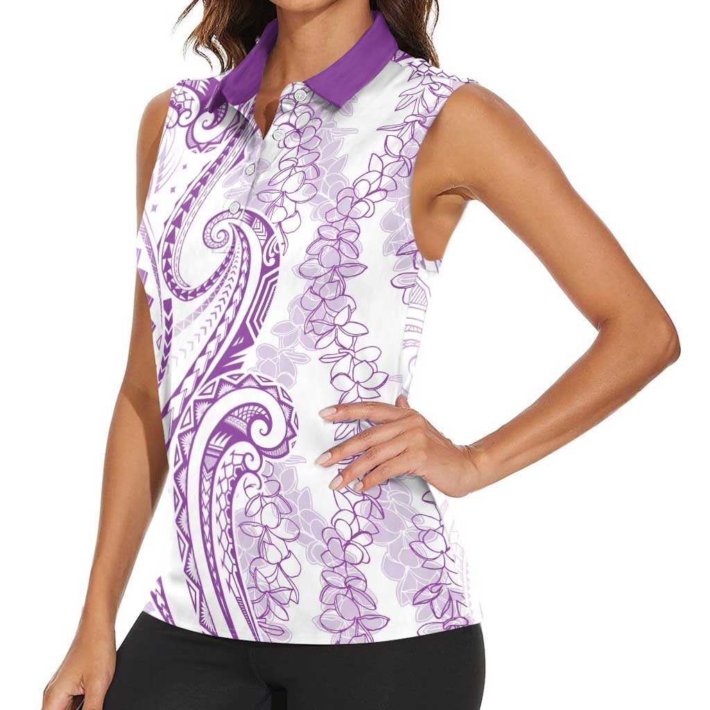 Polynesia Plumeria Lei Women Sleeveless Polo Shirt White Violet Curves Motif