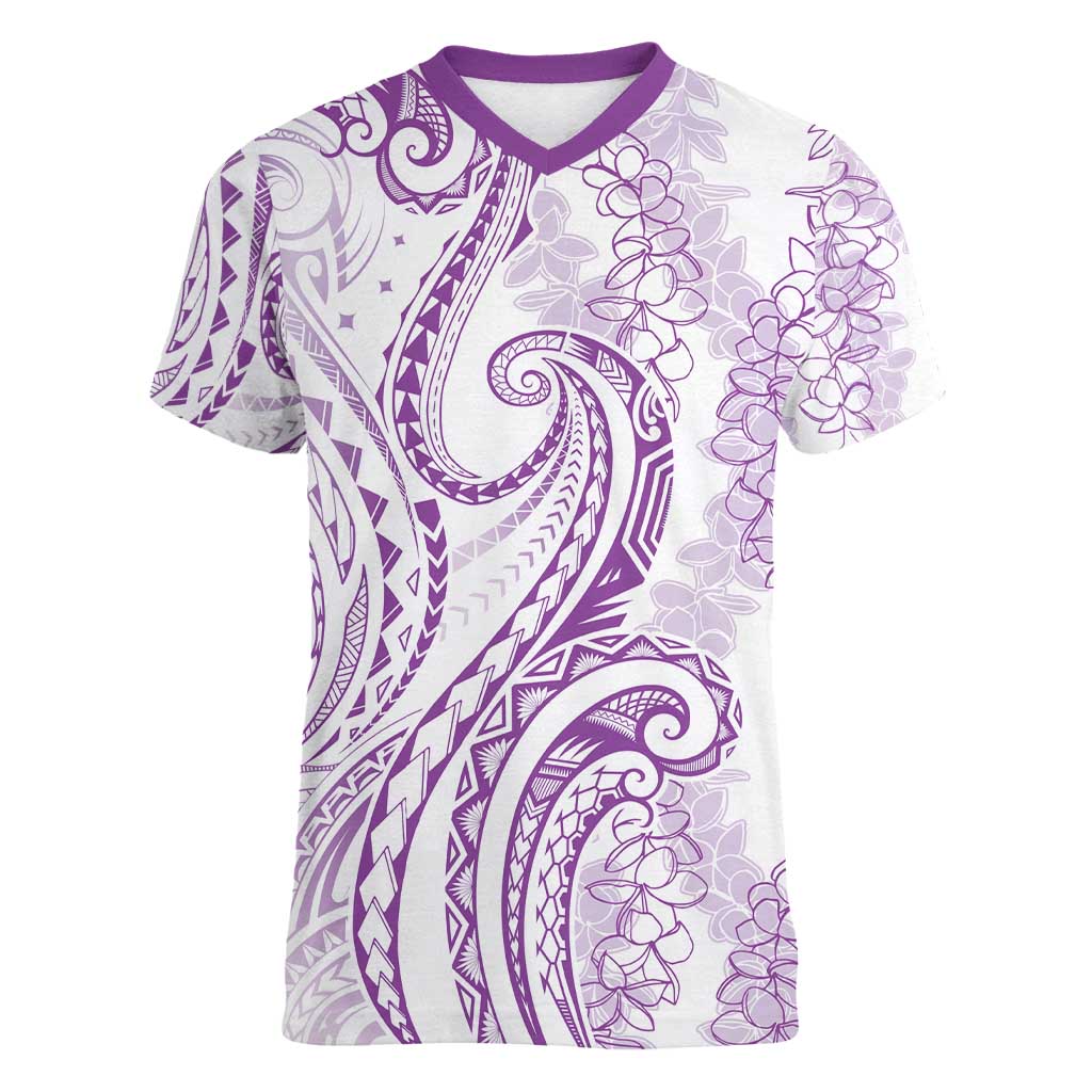 Polynesia Plumeria Lei Women V-Neck T-Shirt White Violet Curves Motif LT7 Female Violet - Polynesian Pride