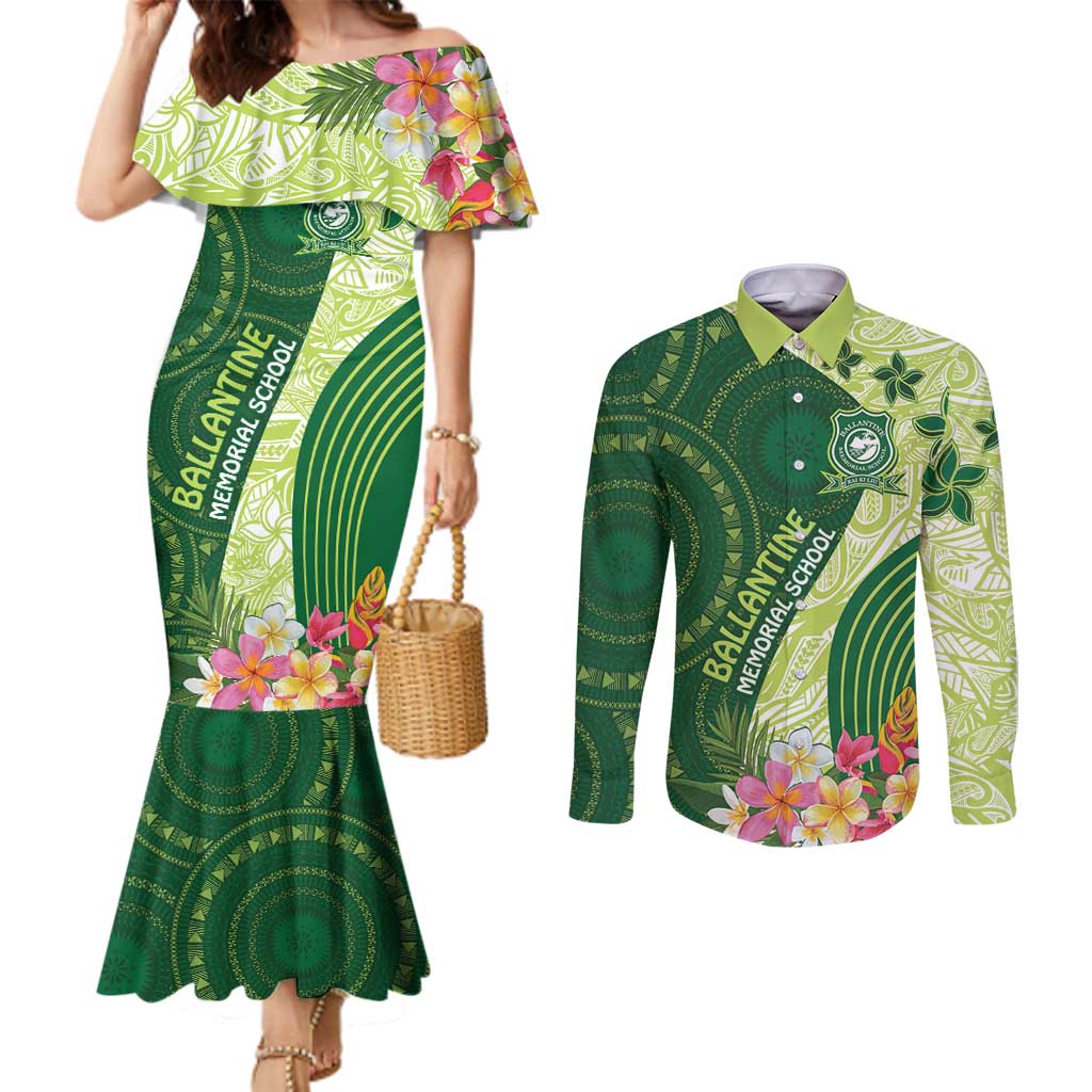 Fiji Ballantine Memorial High School Personalised Couples Matching Mermaid Dress and Long Sleeve Button Shirt Masi Tapa Mix Plumeria