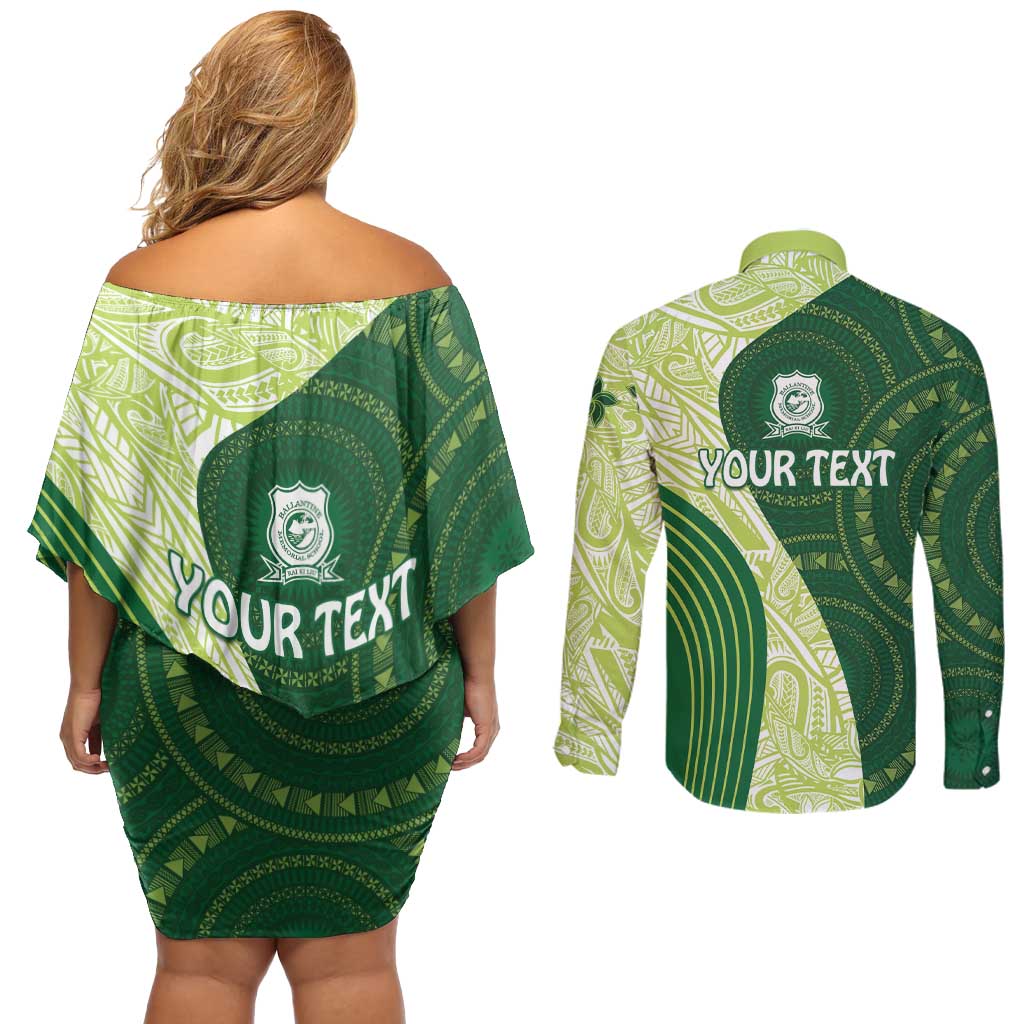 Fiji Ballantine Memorial High School Personalised Couples Matching Off Shoulder Short Dress and Long Sleeve Button Shirt Masi Tapa Mix Plumeria