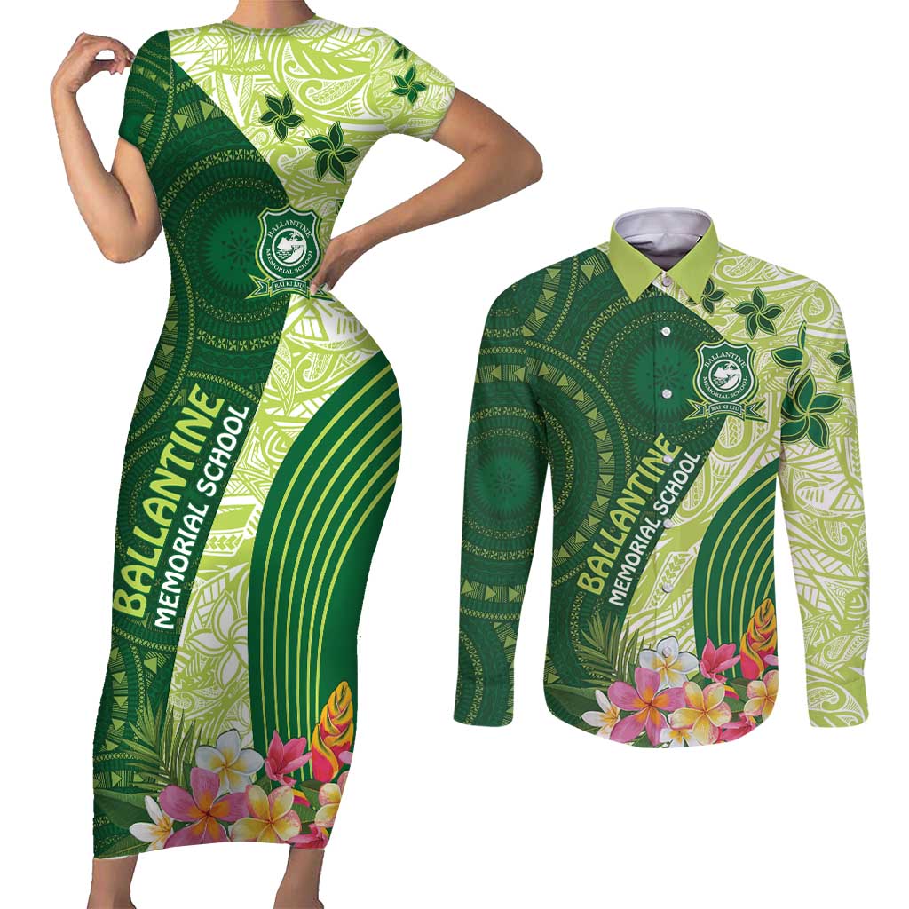 Fiji Ballantine Memorial High School Personalised Couples Matching Short Sleeve Bodycon Dress and Long Sleeve Button Shirt Masi Tapa Mix Plumeria