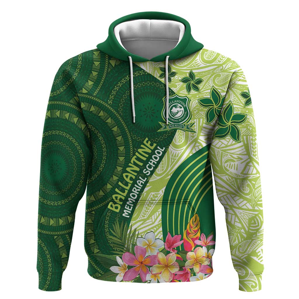 Fiji Ballantine Memorial High School Personalised Hoodie Masi Tapa Mix Plumeria LT7 Pullover Hoodie Green - Polynesian Pride