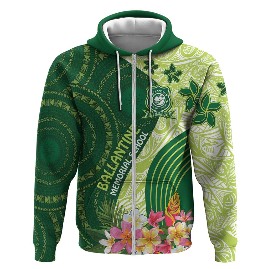 Fiji Ballantine Memorial High School Personalised Hoodie Masi Tapa Mix Plumeria LT7 Zip Hoodie Green - Polynesian Pride