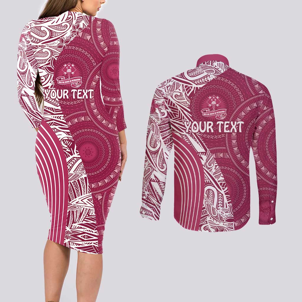 Fiji Adi Cakobau School Personalised Couples Matching Long Sleeve Bodycon Dress and Long Sleeve Button Shirt Masi Tapa Mix Plumeria