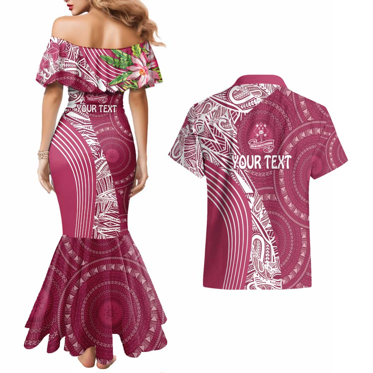 Fiji Adi Cakobau School Personalised Couples Matching Mermaid Dress and Hawaiian Shirt Masi Tapa Mix Plumeria