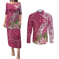 Fiji Adi Cakobau School Personalised Couples Matching Puletasi and Long Sleeve Button Shirt Masi Tapa Mix Plumeria