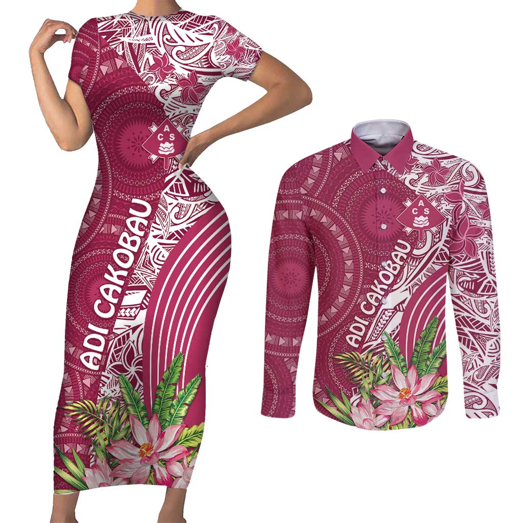 Fiji Adi Cakobau School Personalised Couples Matching Short Sleeve Bodycon Dress and Long Sleeve Button Shirt Masi Tapa Mix Plumeria