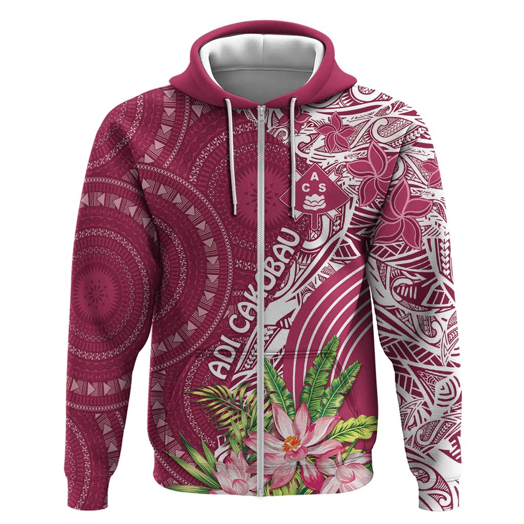 Fiji Adi Cakobau School Personalised Hoodie Masi Tapa Mix Plumeria LT7 Zip Hoodie Maroon - Polynesian Pride