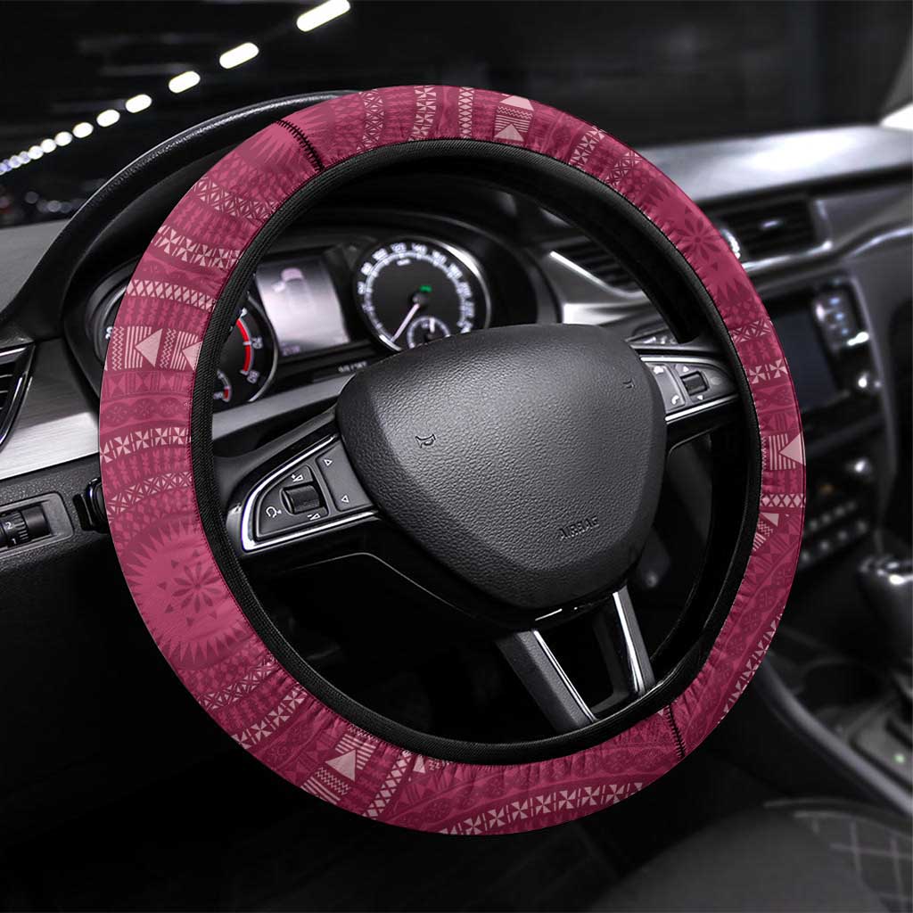 Fiji Adi Cakobau School Personalised Steering Wheel Cover Masi Tapa Mix Plumeria LT7 Universal Fit Maroon - Polynesian Pride