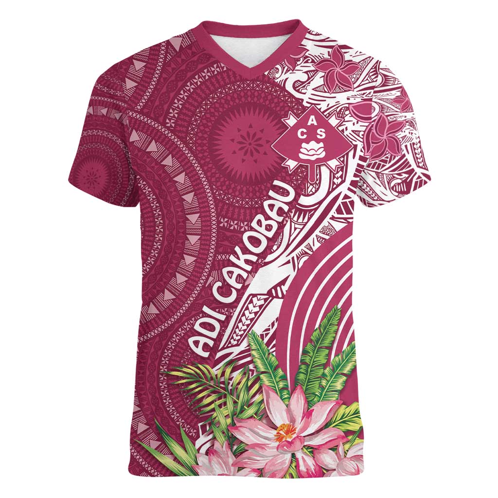 Fiji Adi Cakobau School Personalised Women V-Neck T-Shirt Masi Tapa Mix Plumeria