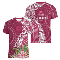 Fiji Adi Cakobau School Personalised Women V-Neck T-Shirt Masi Tapa Mix Plumeria