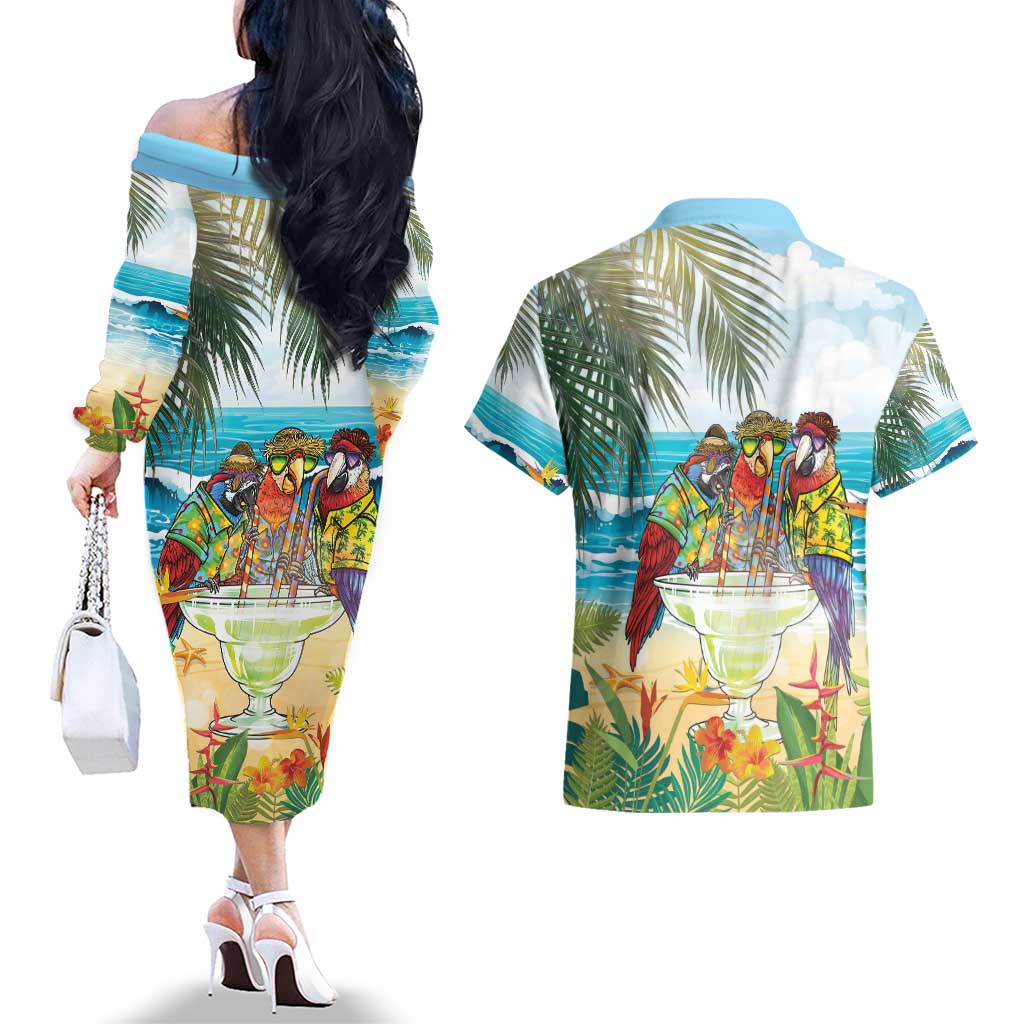 It's 5 o'clock Somewhere Couples Matching Off The Shoulder Long Sleeve Dress and Hawaiian Shirt Beach Party - Polynesian Pride